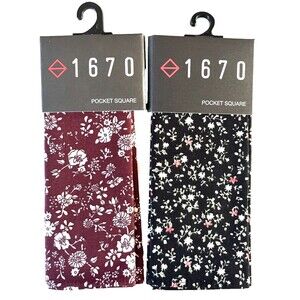 2-Pack, 1670 Pocket Squares Burgundy & White Floral & Black Floral, Cotton